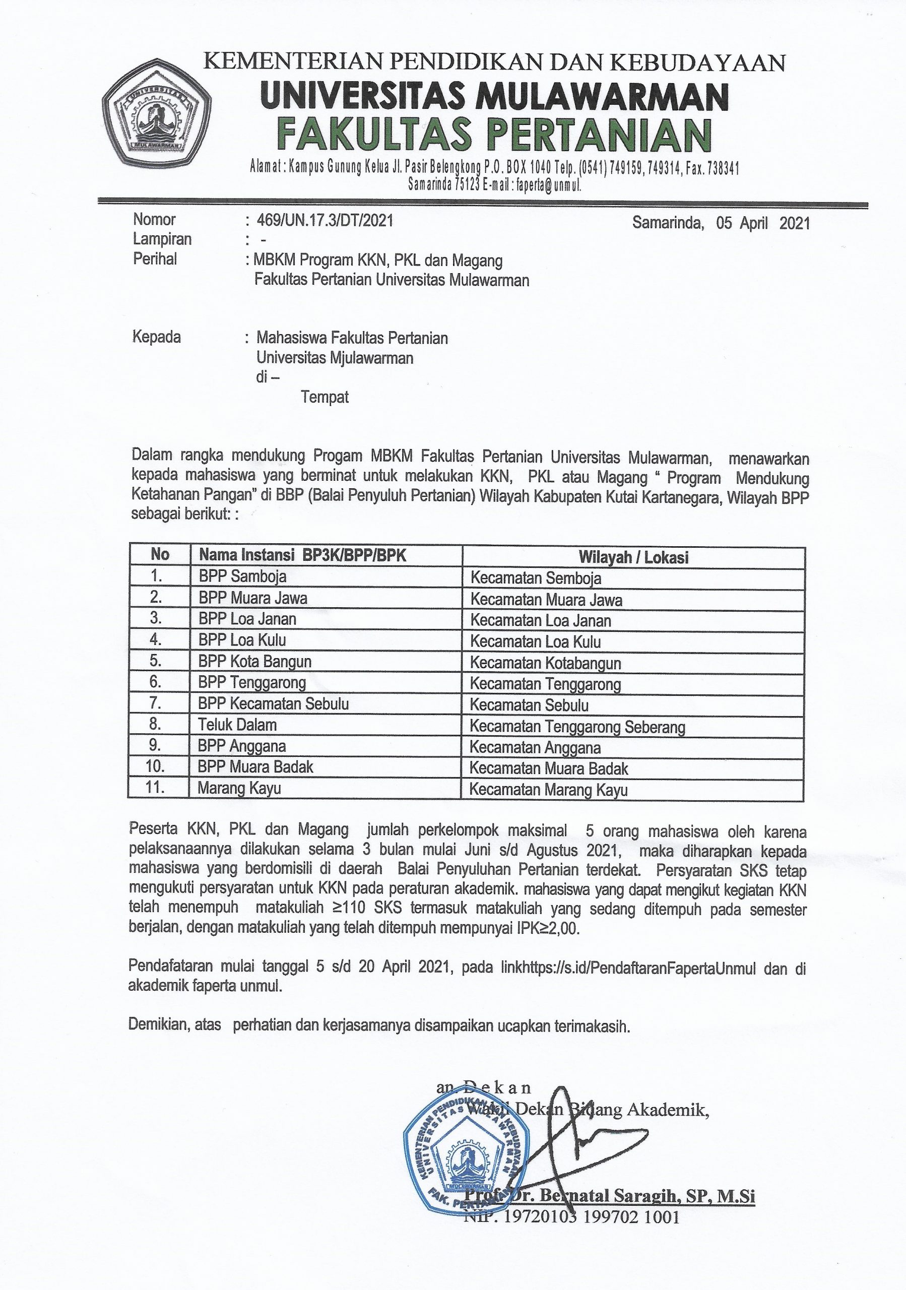MBKM Program KKN, PKL dan Magang Fakultas Pertanian Universitas Mulawarman
