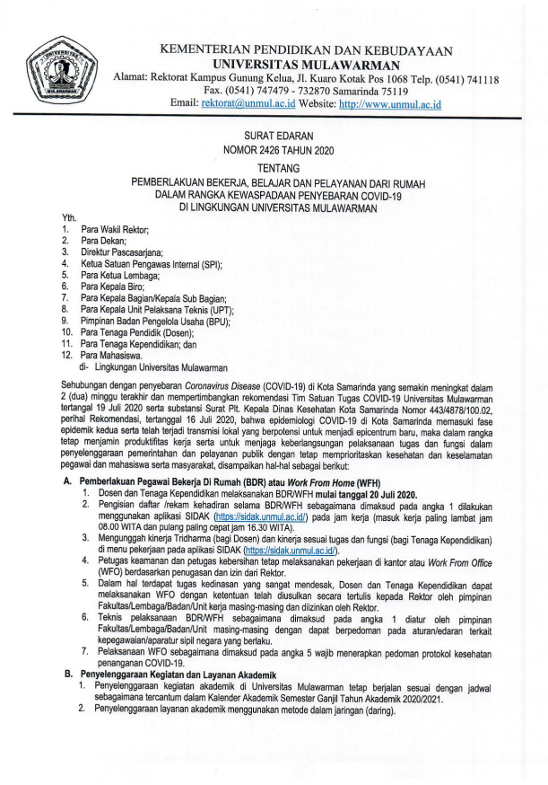 Surat Edaran Tentang Pemberlakuan Bekerja, Belajar dan Pelayanan Dari Rumah Dalam Rangka Kewaspadaan Penyebaran Covid-19 di Lingkungan Universitas Mulawarman