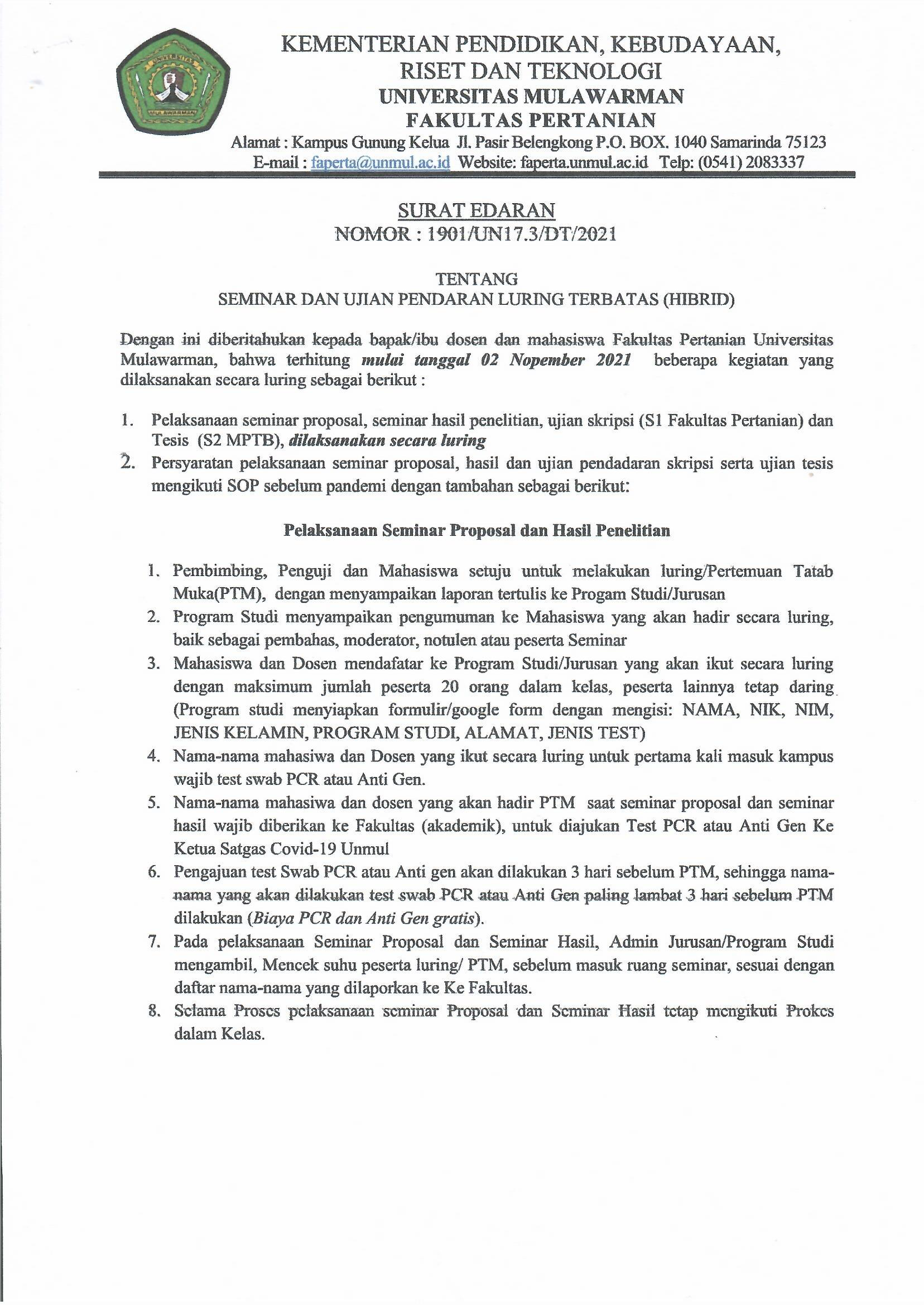 Surat Edaran tentang Seminar dan Ujian Pendadaran Luring Terbatas (HIBRID)
