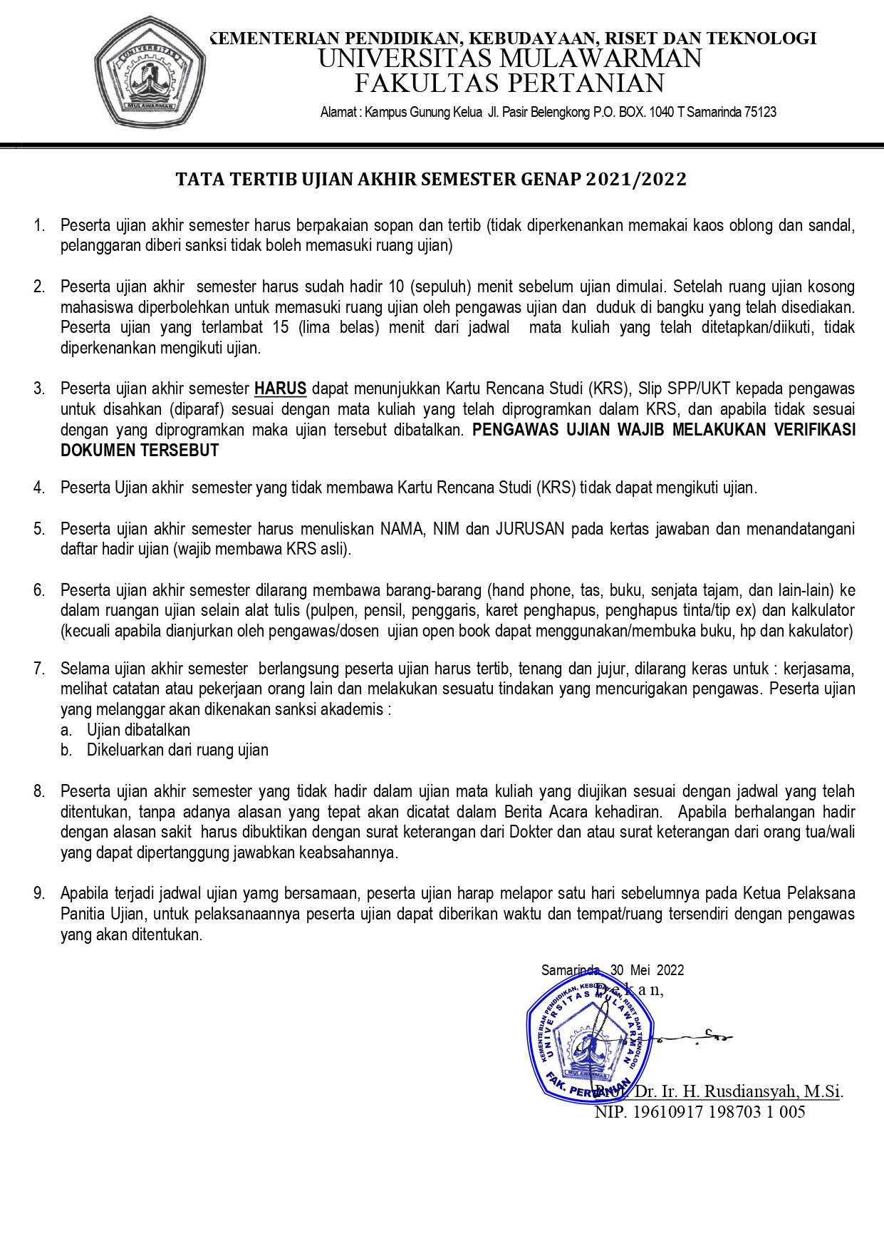 Tata Tertib Ujian Akhir Semester Genap Tahun Akademik 2021/2022 Fakultas Pertanian Universitas Mulawarman