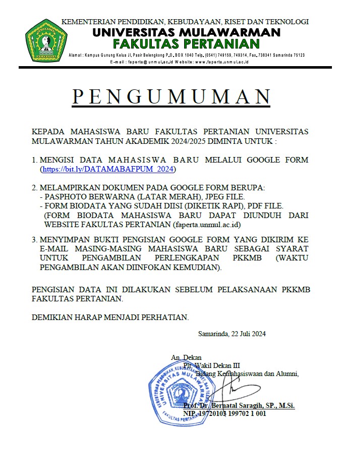 Pengumuman Biodata Mahasiswa/i Baru Tahun 2024/2025 Fakultas Pertanian Universitas Mulawarman