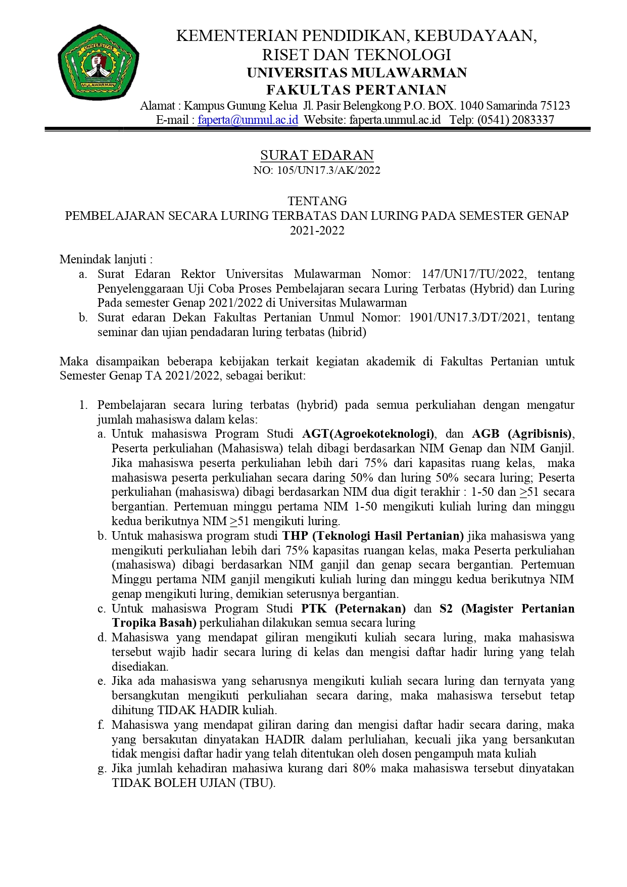 SURAT EDARAN [Pembelajaran Secara Luring Terbatas dan Luring Pada Semester Genap 2021-2022]