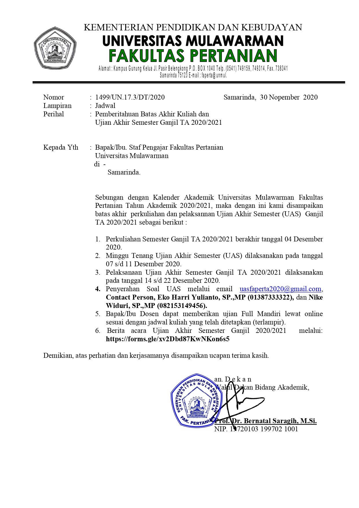 Jadwal Ujian Daring (Online) Semester Ganjil Tahun Akademik 2020/2021