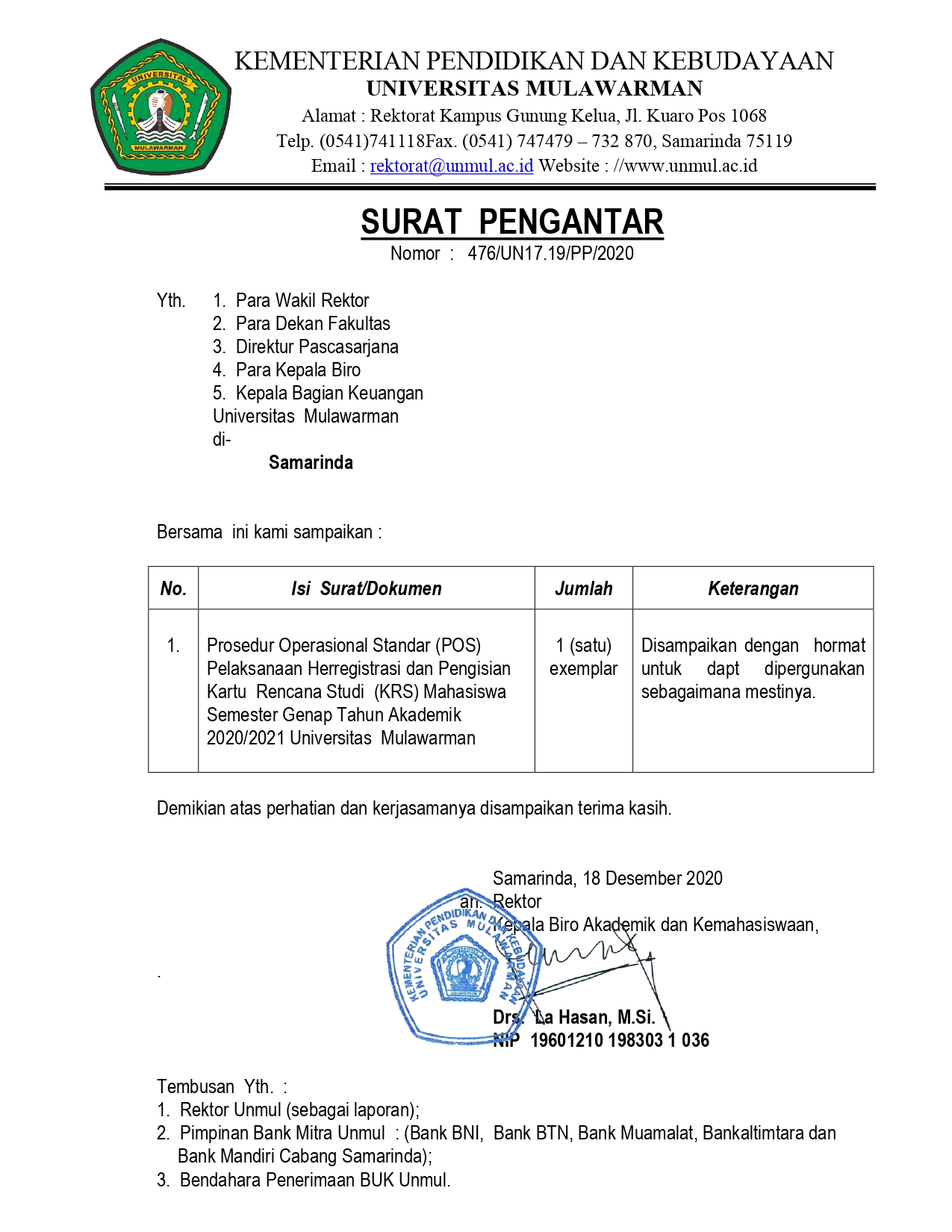 Informasi Prosedur Operasional Standar (POS) Pelaksanaan Herregistrasi dan Pengisian Kartu Rencana Studi (KRS) Mahasiswa Semester Genap Tahun Akademik 2020/2021 Universitas Mulawarman