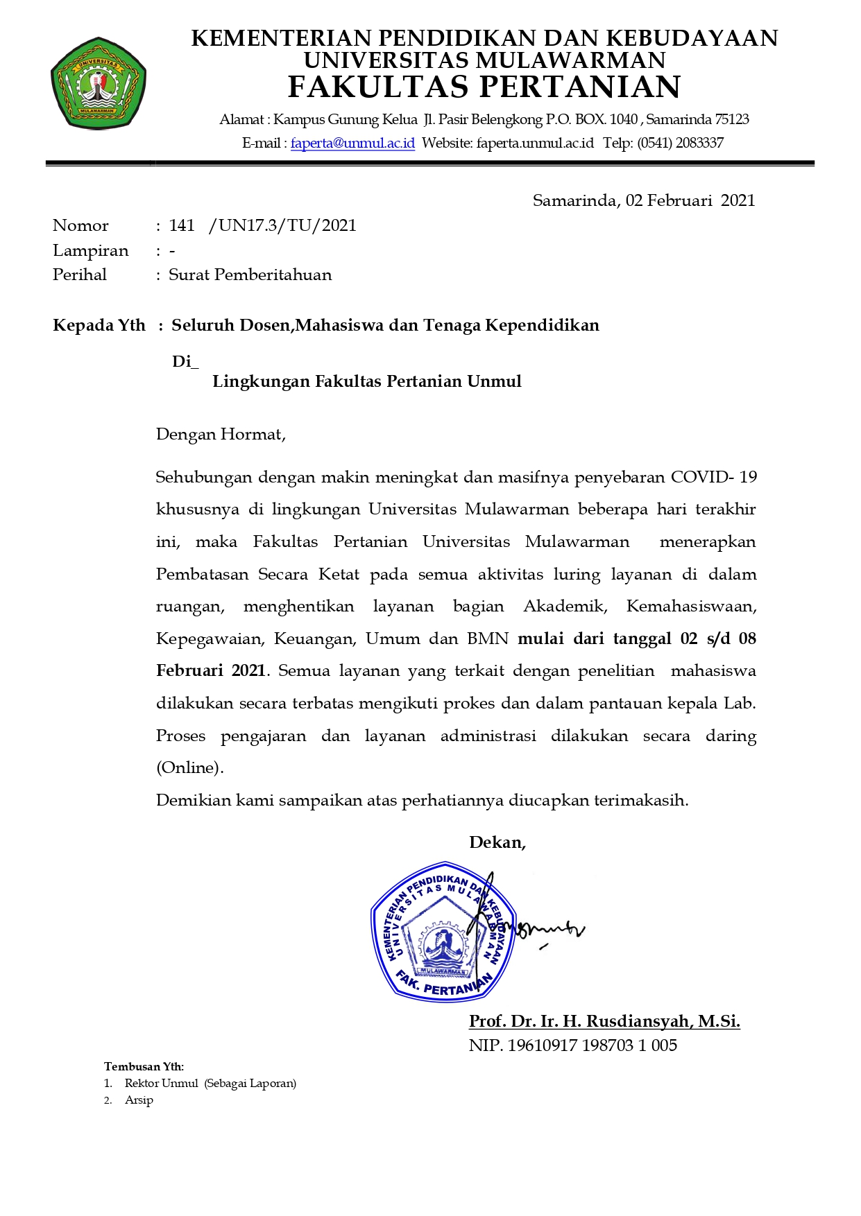 Surat Pemberitahuan Pembatasan Secara Ketat Fakultas Pertanian Universitas Mulawarman