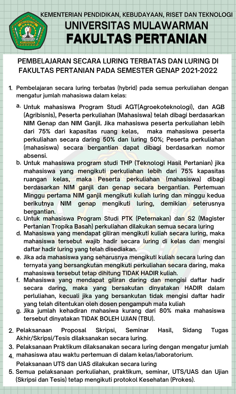 SOP Peminjaman Alat dan Tata Cara Penggunaan Kuliah Luring Terbatas (Hybrid) Fakultas Pertanian Universitas Mulawarman
