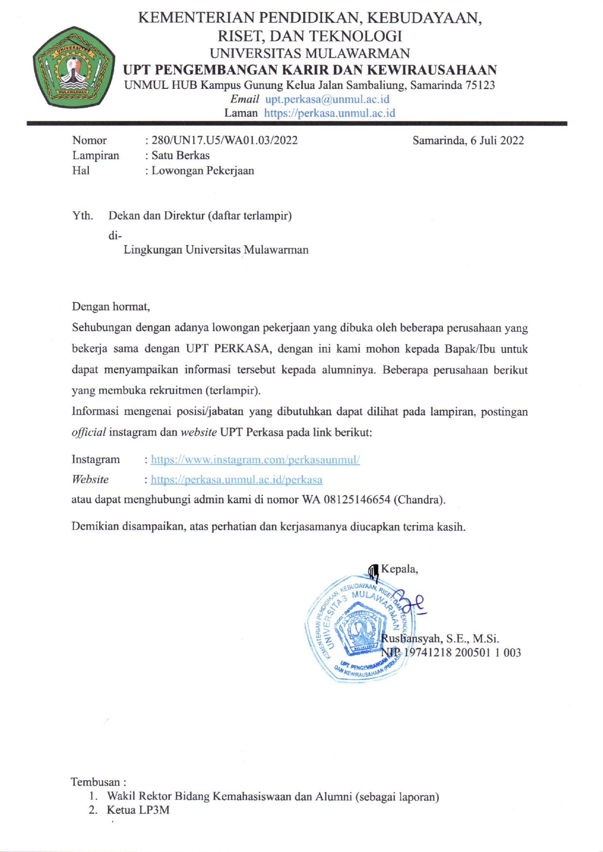Informasi Lowongan Pekerjaan UPT PERKASA Universitas Mulawarman