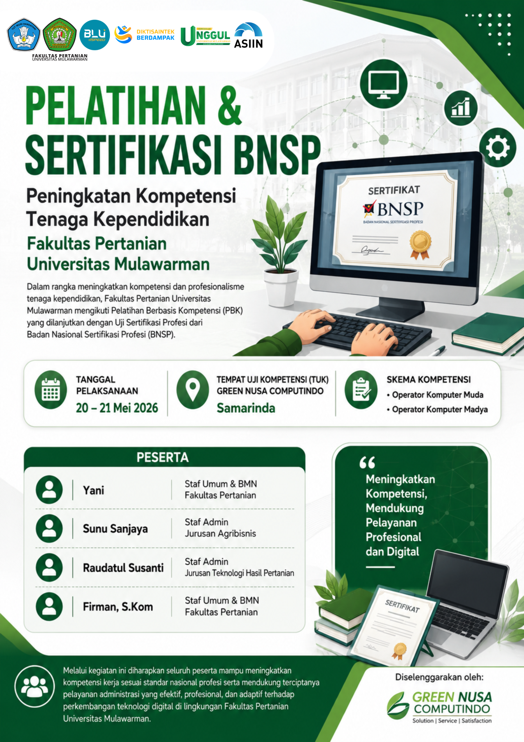Peningkatan Kompetensi Tenaga Kependidikan (Pelatihan & Sertifikasi BNSP) Fakultas Pertanian Universitas Mulawarman Tahun 2026