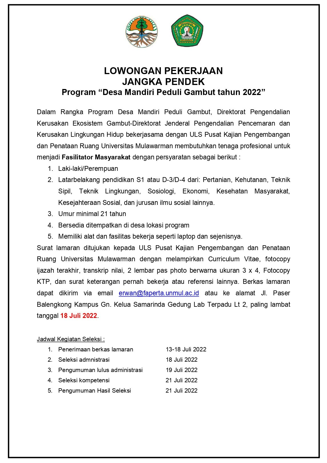 LOWONGAN PEKERJAAN  JANGKA PENDEK Program “Desa Mandiri Peduli Gambut Tahun 2022”