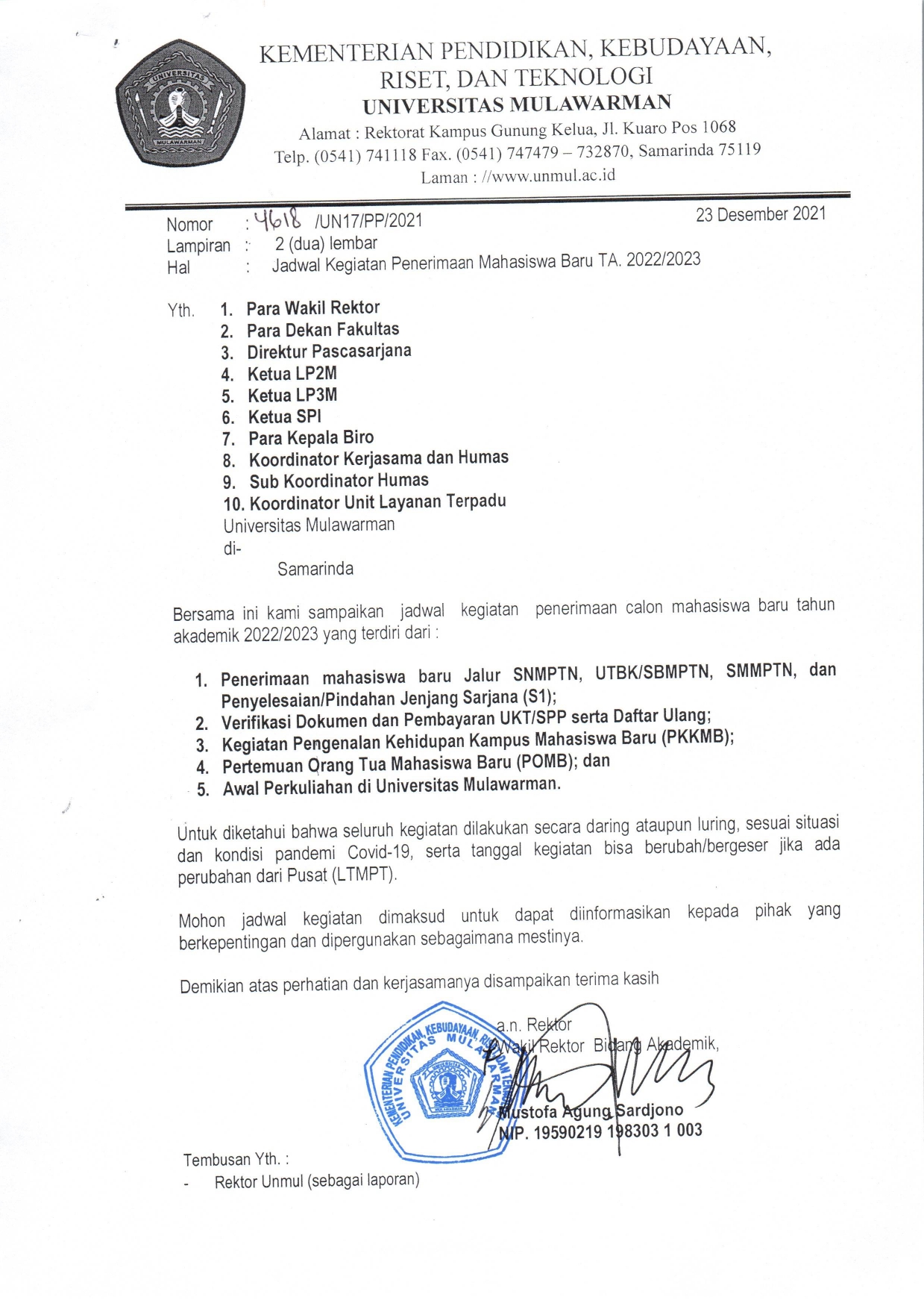 Jadwal Penerimaan Mahasiswa Baru Universitas Mulawarman Tahun 2022/2023