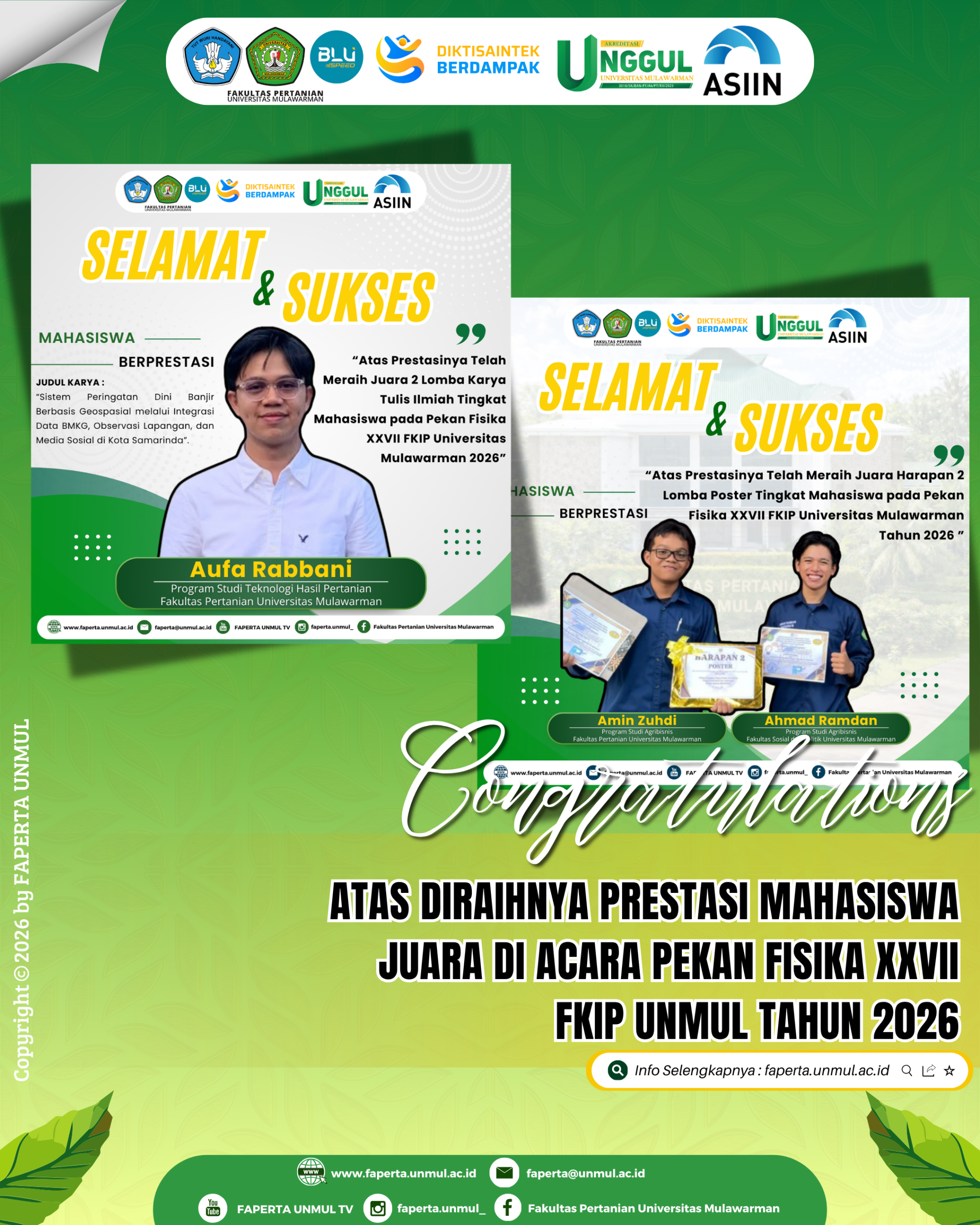 Selamat & Sukses Atas Diraihnya Prestasi Mahasiswa Fakultas Pertanian Universitas Mulawarman Pekan Fisika XXVII FKIP Universitas Mulawarman Tahun 2026