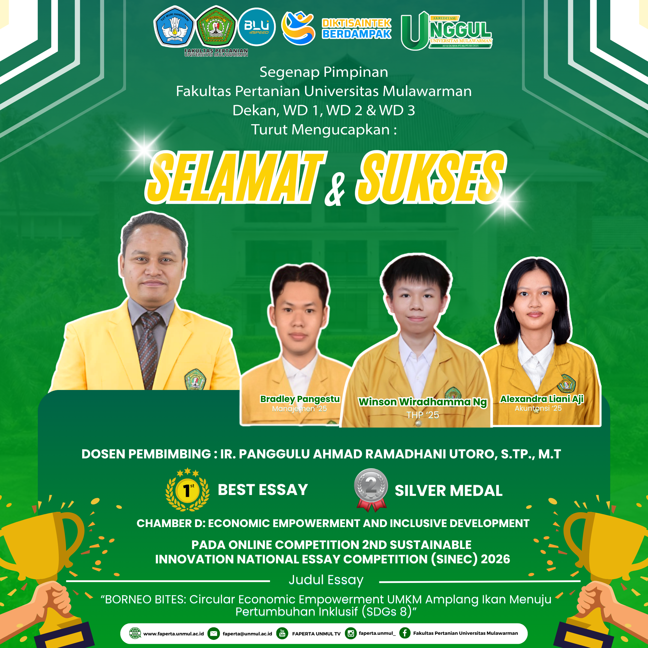 Mahasiswa Fakultas Pertanian UNMUL Raih Prestasi Nasional pada Innovation National Essay Competition 2026