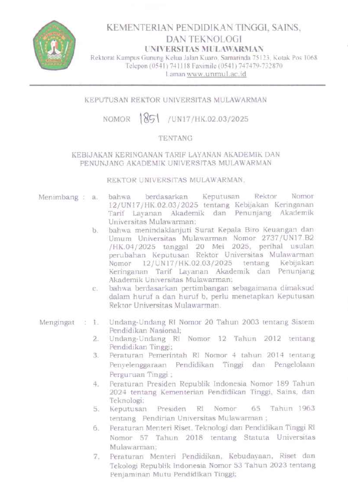 SK Rektor Kebijakan Keringanan Tarif Layanan Akademik & Penunjang Akademik (REVISI I)