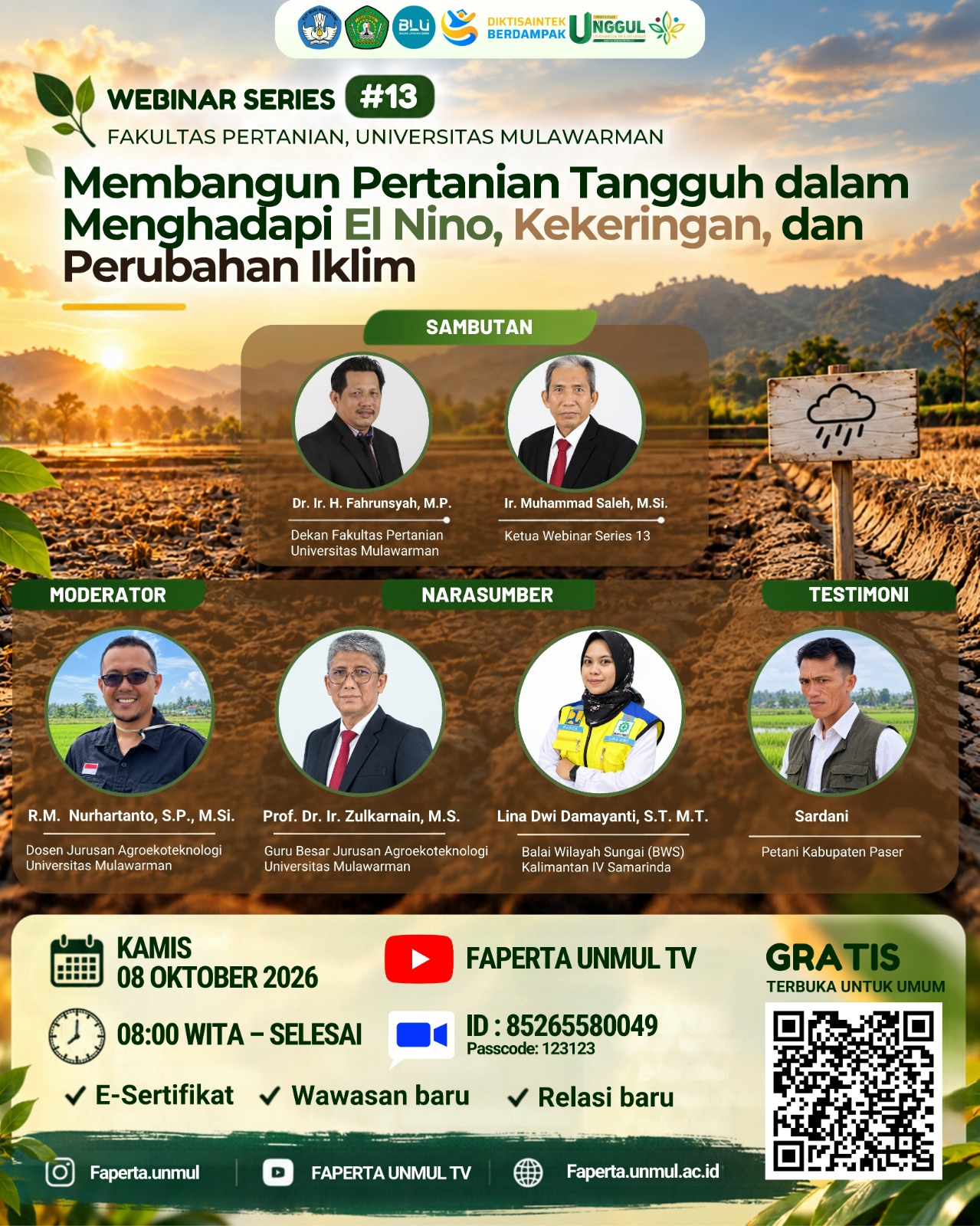 Webinar Series #13 Fakultas Pertanian Universitas Mulawarman Tahun 2026: Membangun Pertanian Tangguh Menghadapi El Nino, Kekeringan, dan Perubahan Iklim