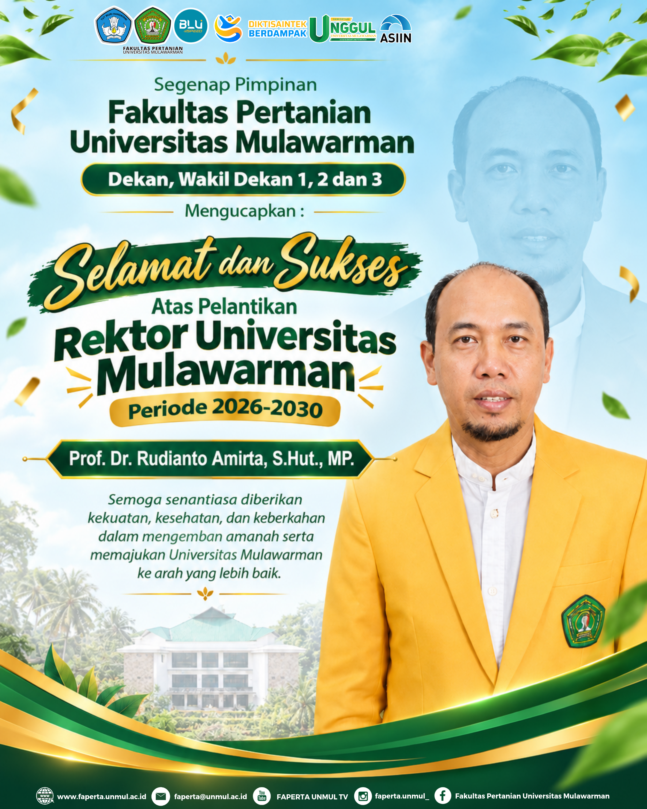 Selamat Atas Pelantikan Rektor Universitas Mulawarman Periode 2026–2030 (Prof. Dr. Rudianto Amirta, S.Hut., MP.)