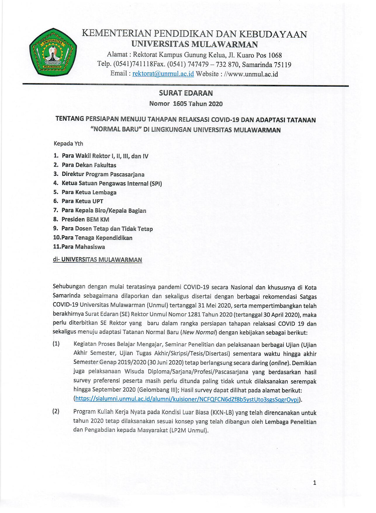 Surat Edaran Tentang Persiapan Menuju Tahapan Relaksasi Covid-19 dan Adaptasi Tatanan "Normal Baru" di Lingkungan Universitas Mulawarman