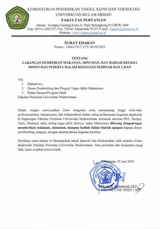 SURAT EDARAN (Tentang Larangan Pemberian Makanan, Minuman dan Hadiah Kepada Dosen dan Peserta Dalam Kegiatan Seminar dan Ujian)