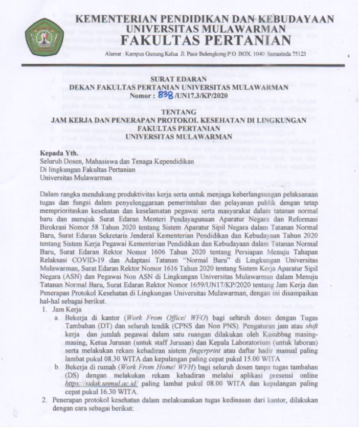 Surat Edaran Dekan Fakultas Pertanian Tentang Jam Kerja dan Penerapan Protokol Kesehatan di Lingkungan Fakultas Pertanian Universitas Mulawarman