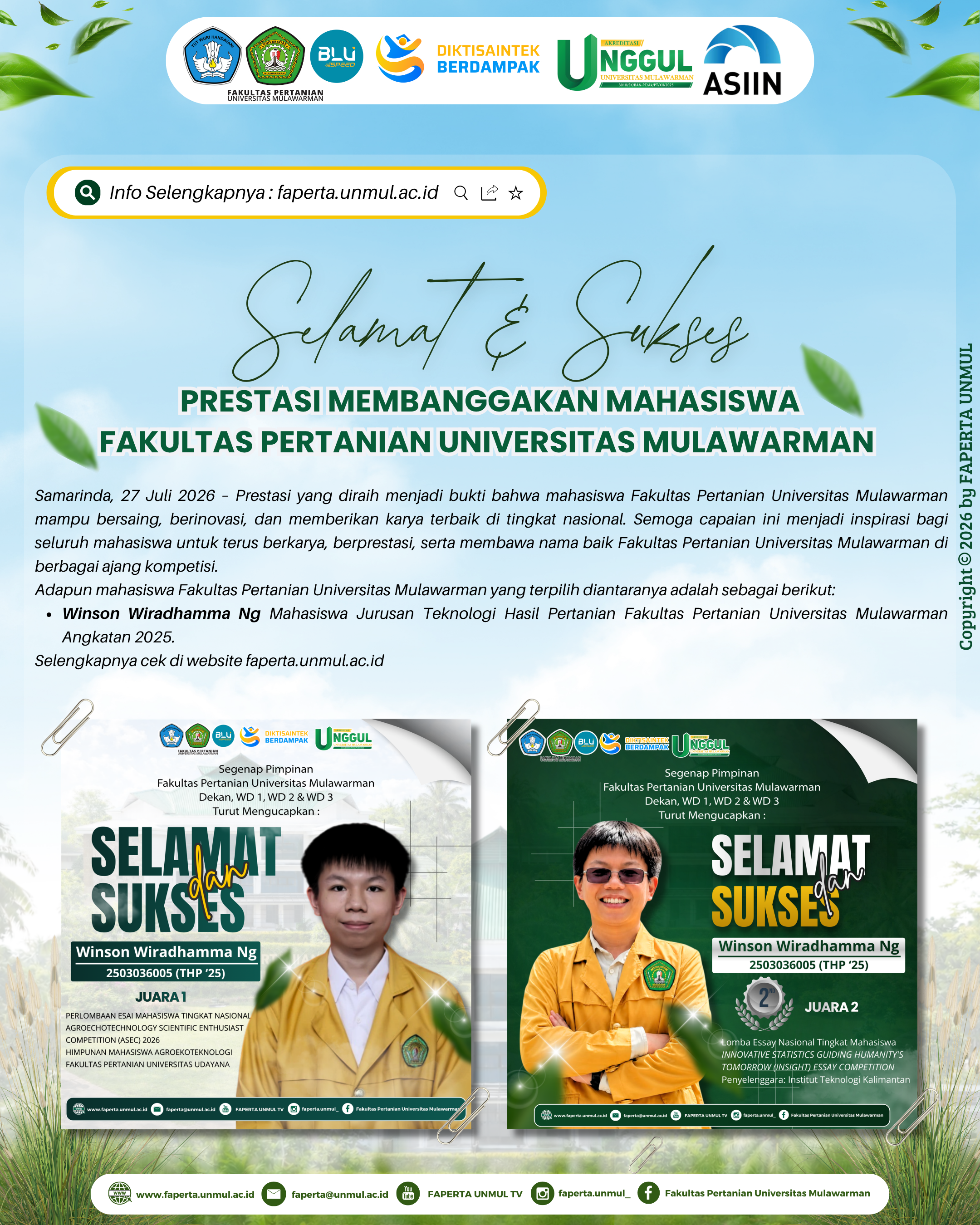 Mahasiswa THP Fakultas Pertanian UNMUL Borong Dua Prestasi Nasional, Raih Juara I dan Juara II pada Kompetisi Esai Tahun 2026