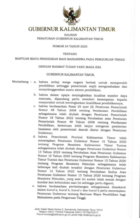PERATURAN GUBERNUR Nomor 24 Tahun 2025 Tentang Bantuan Biaya Pendidikan Bagi Mahasiswa Pada Perguruan Tinggi (GRATISPOL)