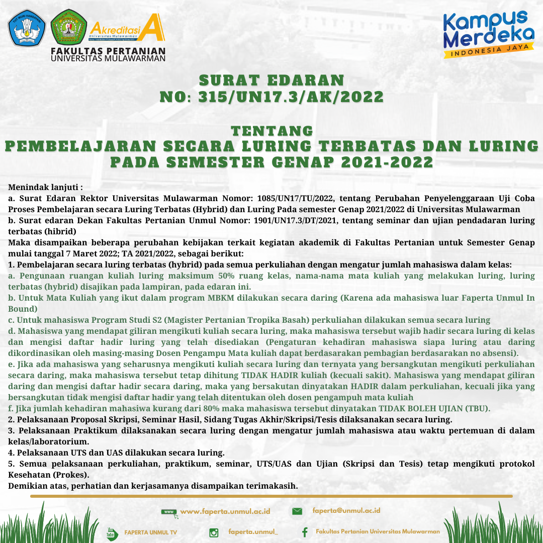 [Pengumuman] Surat Edaran Tentang Pembelajaran Secara Luring Terbatas & Luring Pada Semester Genap 2021-2022