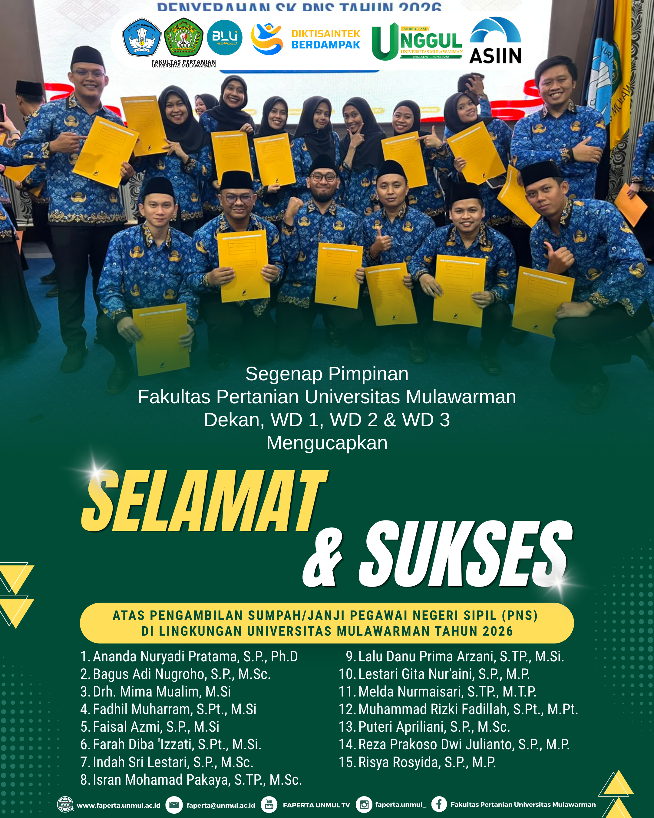 15 Dosen Fakultas Pertanian Universitas Mulawarman Resmi Mengambil Sumpah/Janji Pegawai Negeri Sipil Tahun 2026