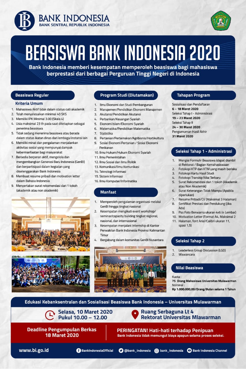 Pendaftaran Beasiswa Bank Indonesia 2020 | Fakultas Pertanian