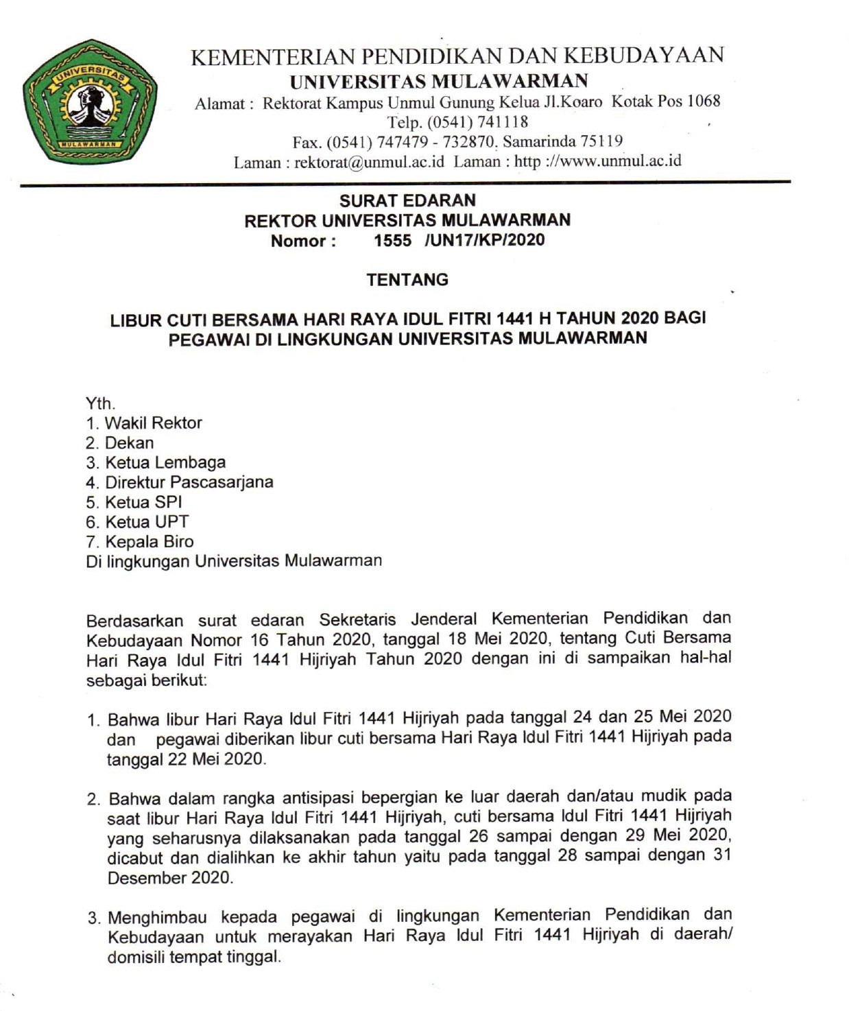 Surat Edaran Tentang Libur Cuti Bersama Hari Raya Idul Fitri 1441 H Tahun 2020 Bagi Pegawai Di Lingkungan Universitas Mulawarman Fakultas Pertanian Okey lebih bagus kan rapih juga sehingga lebih mudah untuk dipelajari.