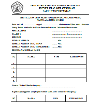 Berita Acara Ujian Akhir Semester Genap Secara Daring Tahun Akademik 2019/2020