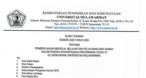 Surat Edaran Tentang Pemberlakuan Bekerja, Belajar dan Pelayanan Dari Rumah Dalam Rangka Kewaspadaan Penyebaran Covid-19 di Lingkungan Universitas Mulawarman