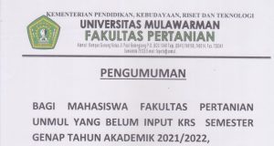 Pengumuman Bagi Yang Belum Input KRS Semester Genap Tahun 2021/2022 Fakultas Pertanian Universitas Mulawarman