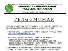 Pengumuman Biodata Mahasiswa/i Baru Tahun 2024/2025 Fakultas Pertanian Universitas Mulawarman